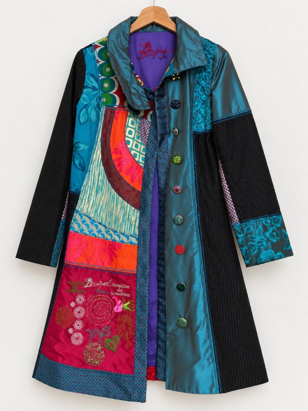 Desigual archival patchwork eye graphic embroidered long coat, size 38